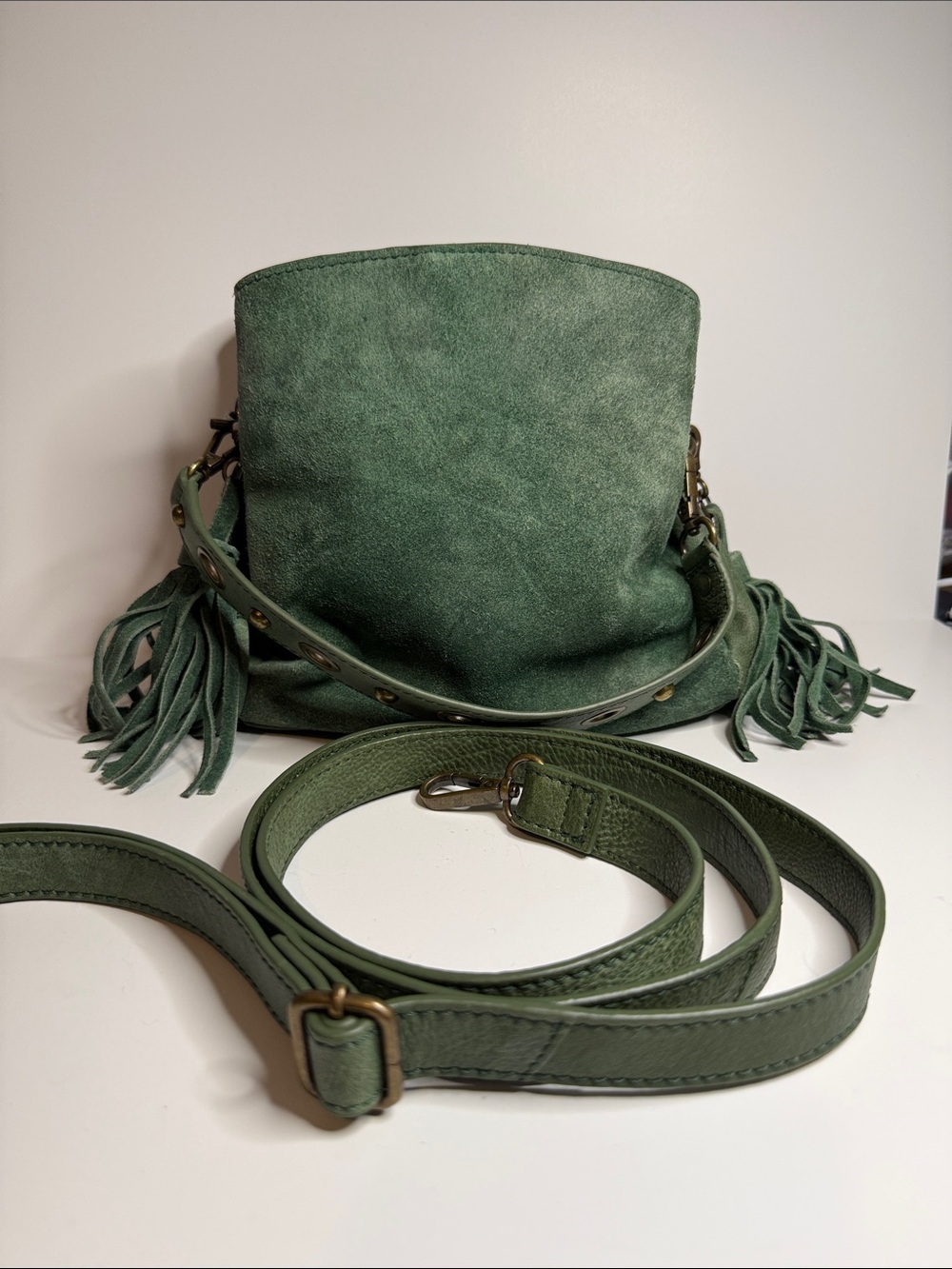 Free People Forest Green Suede Fringe Crossbody Bag